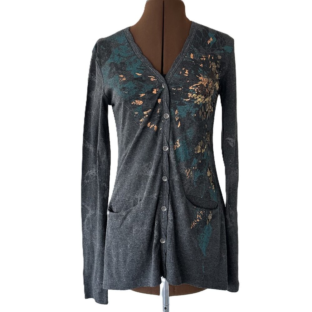 Miss Me Grey Cardigan with Sequin Trim Florals
